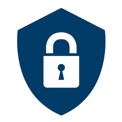 Ein weißes Vorhängeschloss-Symbol in der Mitte eines dunkelblauen Schildes, das Sicherheit oder Schutz symbolisiert.