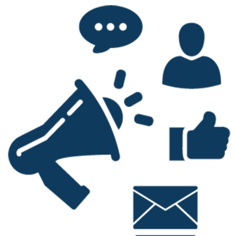 Ein Megafon, eine Sprechblase, ein Männchen, ein Daumen nach oben sowie ein Briefumschlag in blauer Farbe