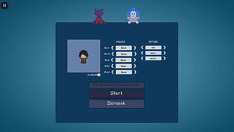 Bildschirm für die Anpassung des Pixeldesigns mit Optionen für Haare, Hemd, Hose, Körper und Schuhe, die alle auf Schwarz eingestellt sind. Oben befinden sich zwei Pixelkreaturen. Die Schaltflächen lauten "Start" und "Zurück" auf Deutsch.