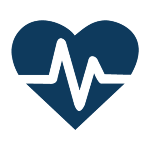 Ein dunkelblaues Herzsymbol mit einer weißen Zickzacklinie in der Mitte, die an einen Herzschlag oder ein Elektrokardiogramm erinnert und Gesundheit oder medizinische Versorgung symbolisiert.