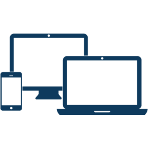 Einfache blaue Icons eines Smartphones, eines Computermonitors und eines Laptops, alle mit leeren Bildschirmen, die sich auf einem hellen Hintergrund überlagern.